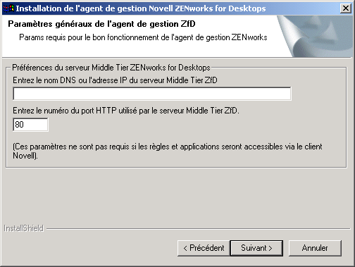 Capture d'cran de la page des paramtres gnraux du programme d'installation de l'agent de gestion ZfD.