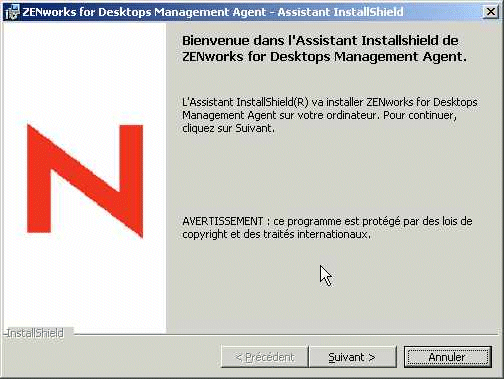Page d'accueil du programme d'installation de l'agent de gestion ZfD