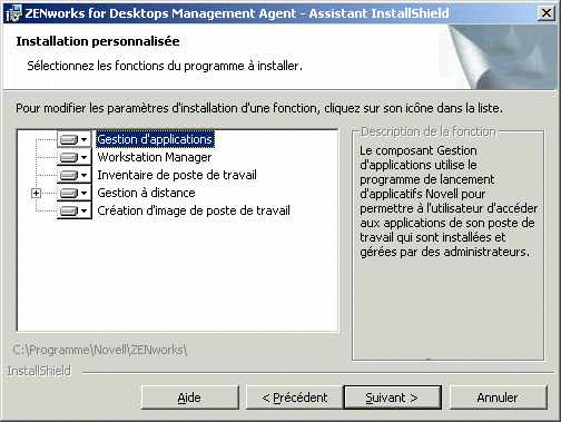 Page d'installation personnalise du programme d'installation de l'agent de gestion ZfD