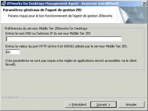 Page des paramtres gnraux du programme d'installation de l'agent de gestion ZfD