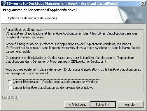 Page du programme de lancement d'applicatifs Novell du programme d'installation de l'agent de gestion ZfD