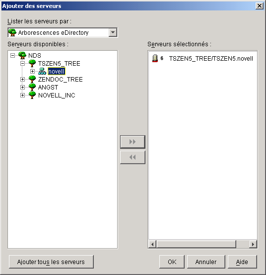 Capture d'cran de la bote de dialogue Ajouter des serveurs avec un serveur NetWare slectionn.