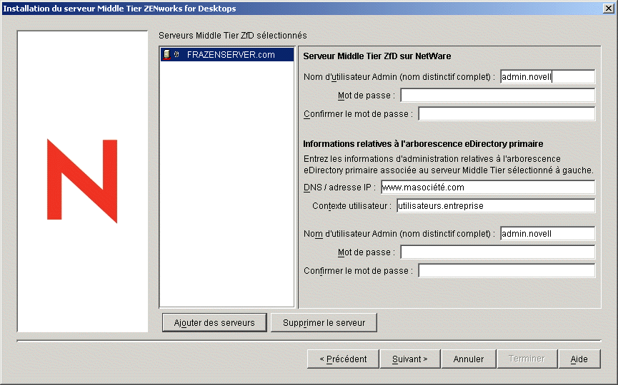 Capture d'cran de la bote de dialogue d'installation du serveur Middle Tier ZfD avec les champs du serveur NetWare  renseigner.