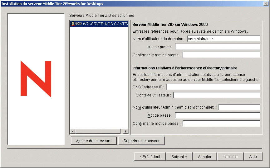 Capture d'cran de la bote de dialogue d'installation du serveur Middle Tier ZfD avec les champs du serveur Windows 2000  renseigner.