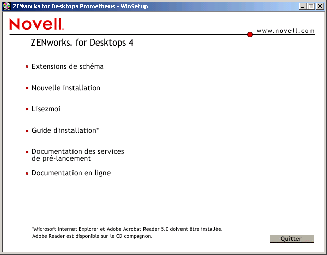 Capture d'cran de la premire page du programme d'installation ZENworks for Desktops 4 contenant les options d'installation gnrales.