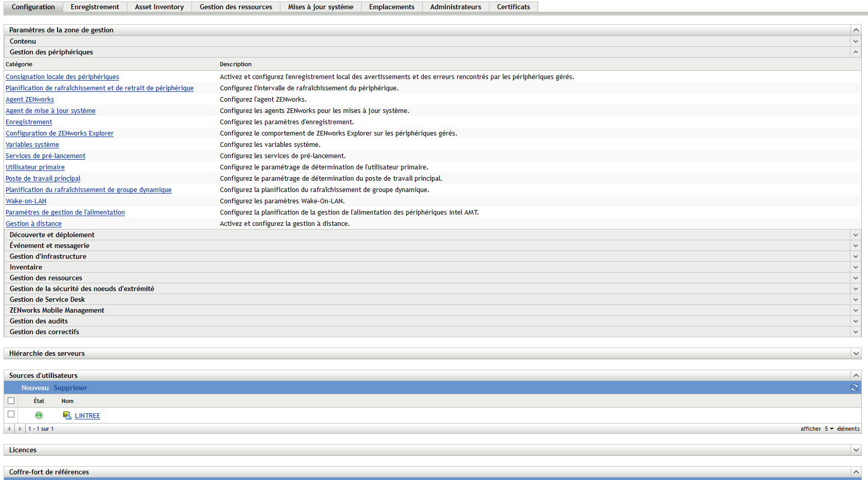 Panneau Paramètres de la zone de gestion (Configuration > onglet Gestion des périphériques)