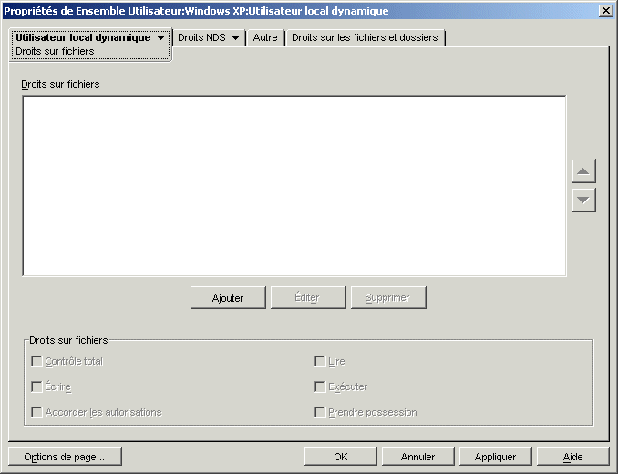 Page Droits sur fichiers de la rgle d'utilisateur local dynamique.