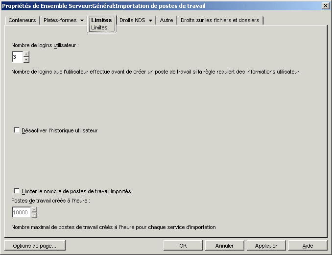 Page Limites de la rgle d'importation de postes de travail.