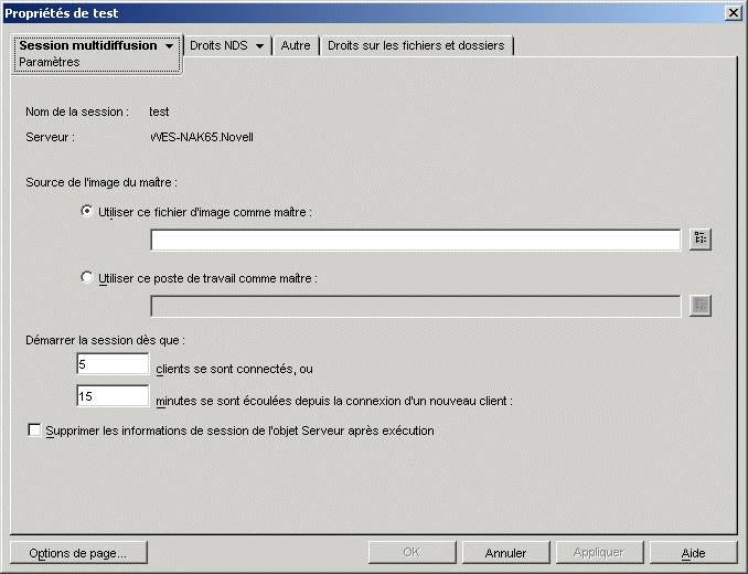 Page Rglages de la session multidiffusion.