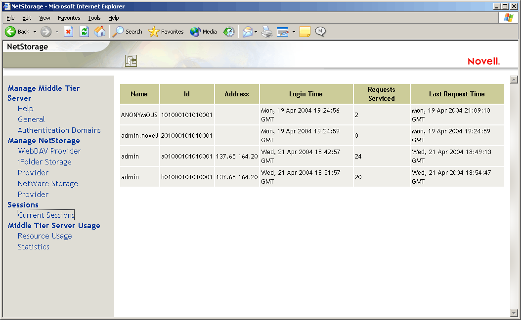 Page Current Sessions (Sessions en cours) de l'utilitaire NSAdmin.