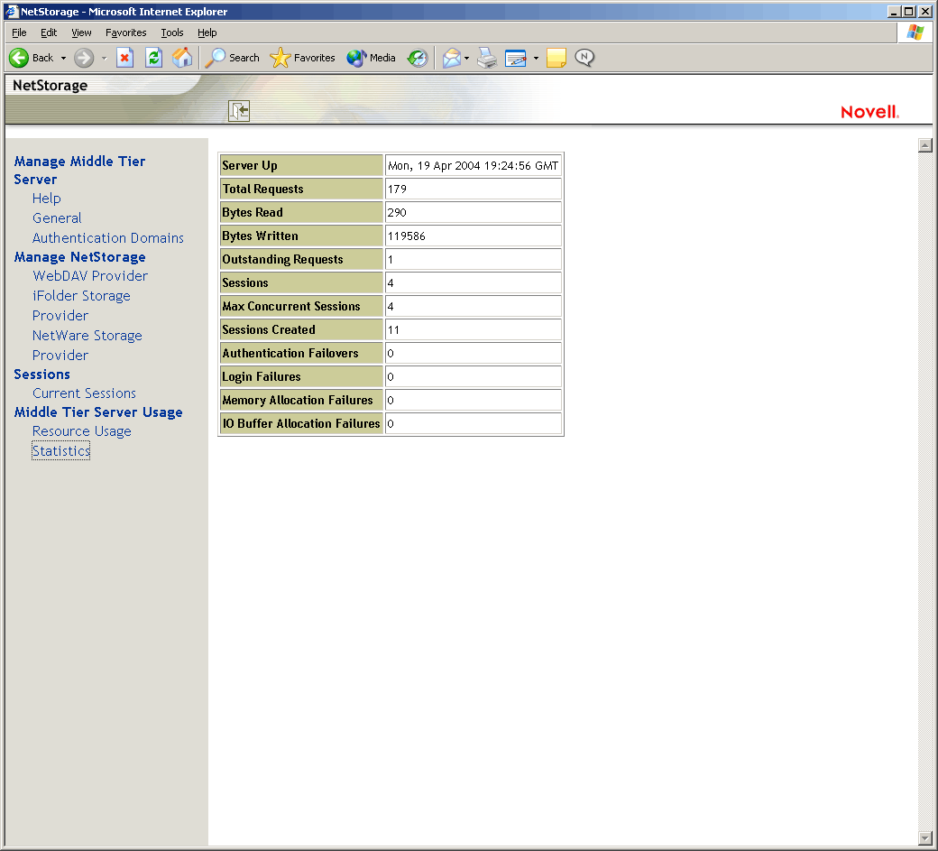 Page Statistics (Statistiques) de l'utilitaire NSAdmin.