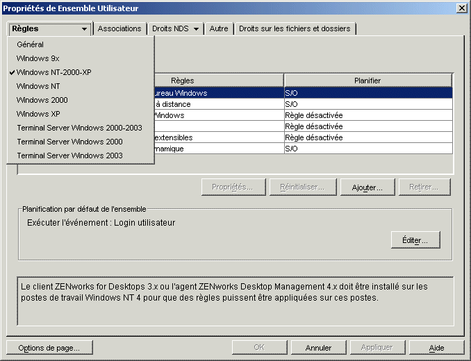 Page Proprits de l'ensemble Utilisateur montrant les plates-formes disponibles