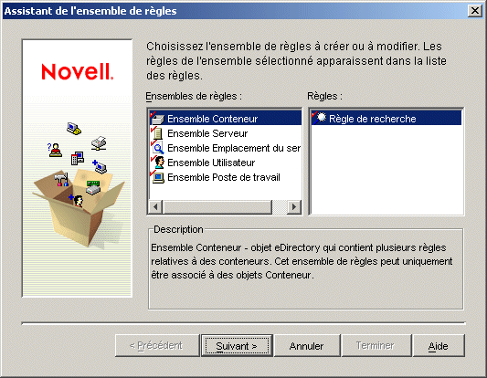 Fentre de l'assistant de l'ensemble de rgles affichant les ensembles de rgles disponibles dans Desktop Management.