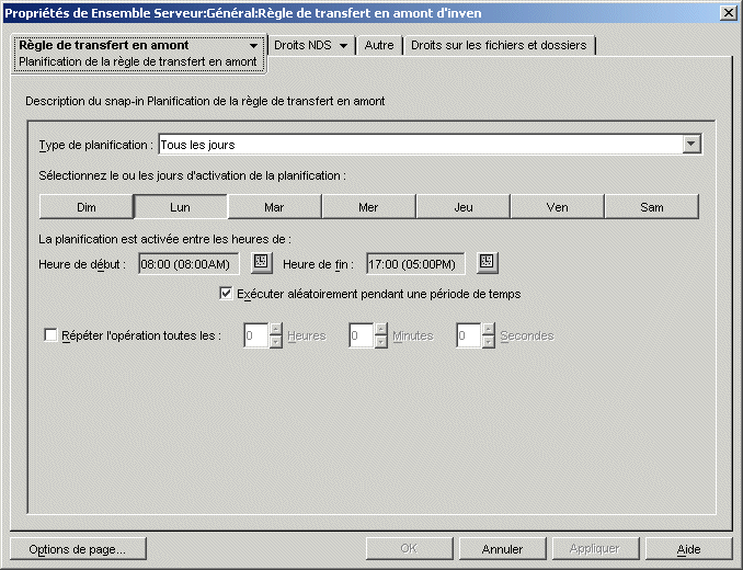 Page Planification de la rgle de transfert en amont.