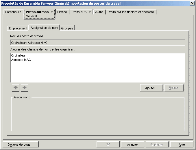 Page Assignation de nom de la rgle d'importation de postes de travail.