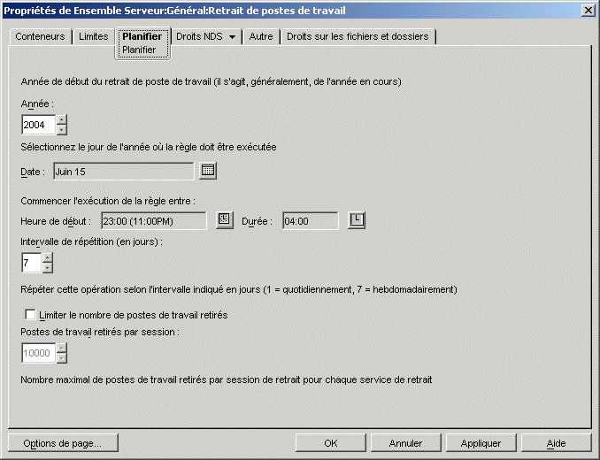 Page Planifier de la rgle retrait de postes de travail.