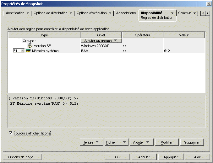 Page Rgles de distribution de l'objet Application
