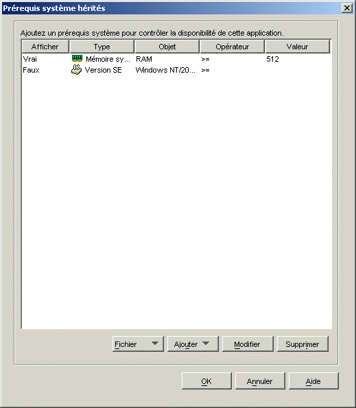 Bote de dialogue Prrequis systme hrits de l'objet Application