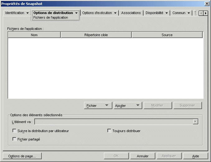 objet Application > onglet Options de distribution > page Fichiers de l'application