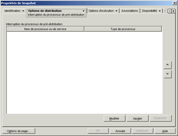 objet Application > onglet Options de distribution > page Interruption du processus de pr-distribution
