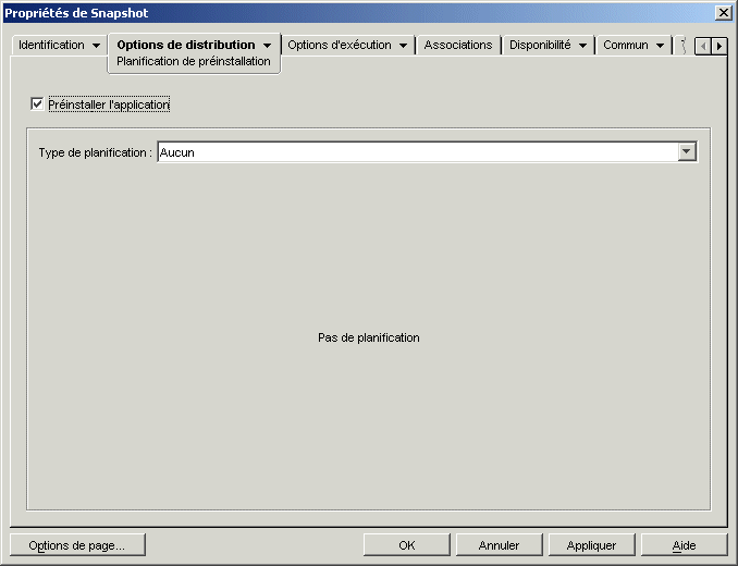 Page Planification de prinstallation de l'objet Application avec le type de planification dfini sur Aucun