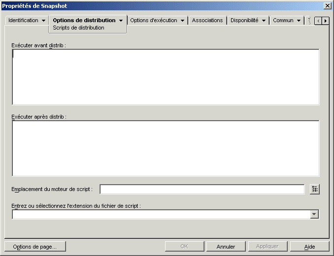 objet Application > onglet Options de distribution > page Scripts de distribution