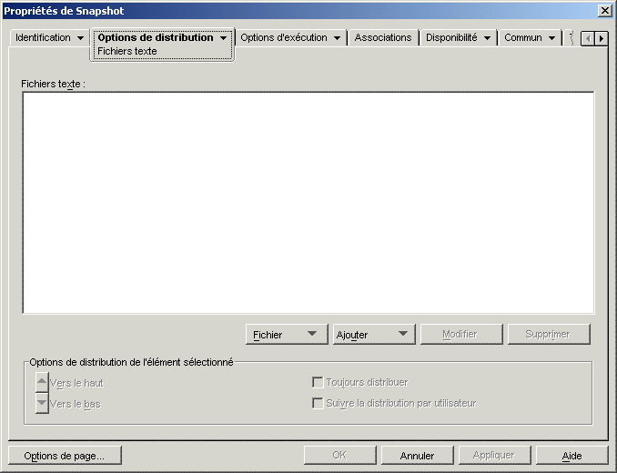 objet Application > onglet Options de distribution > page Fichiers texte