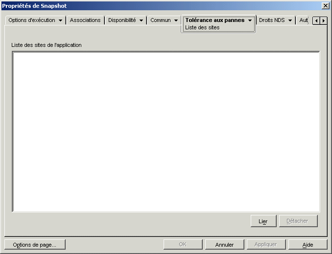 objet Application > onglet Tolrance aux pannes > page Liste des sites
