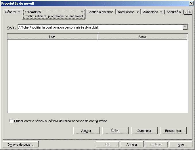 Page Configuration du programme de lancement pour un objet Conteneur