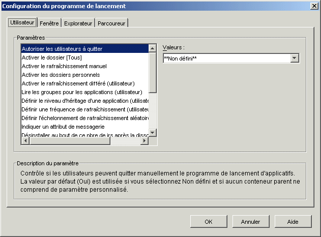 Page Configuration du programme de lancement avec l'onglet Utilisateur affich