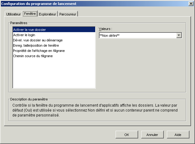 Bote de dialogue Configuration du programme de lancement avec onglet Fentre affich