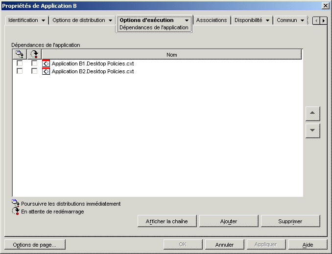Page Dpendances de l'application de l'objet Application