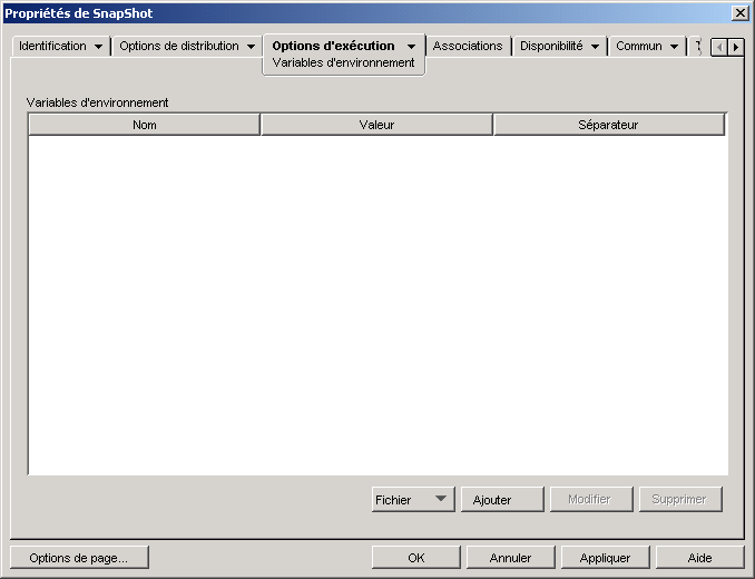 objet Application > onglet Options d'excution > page Variables d'environnement