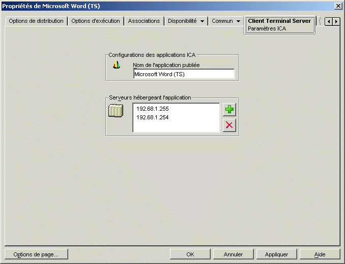  objet Application > onglet Client Terminal Server > page Paramtres ICA