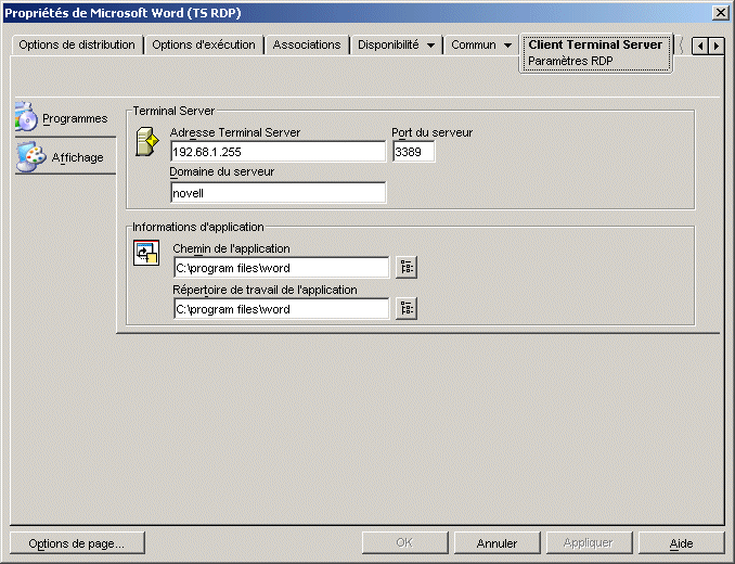  objet Application > onglet Client Terminal Server > page Fentre