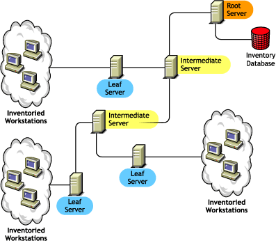 Serveurs feuille qui transfrent en amont les informations d'inventaire vers le serveur intermdiaire. Le serveur intermdiaire transfre en amont les informations d'inventaire vers le serveur racine.