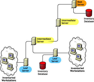 Un serveur feuille auquel est attache une base de donnes d'inventaire transfre en amont les informations d'inventaire vers le serveur intermdiaire.