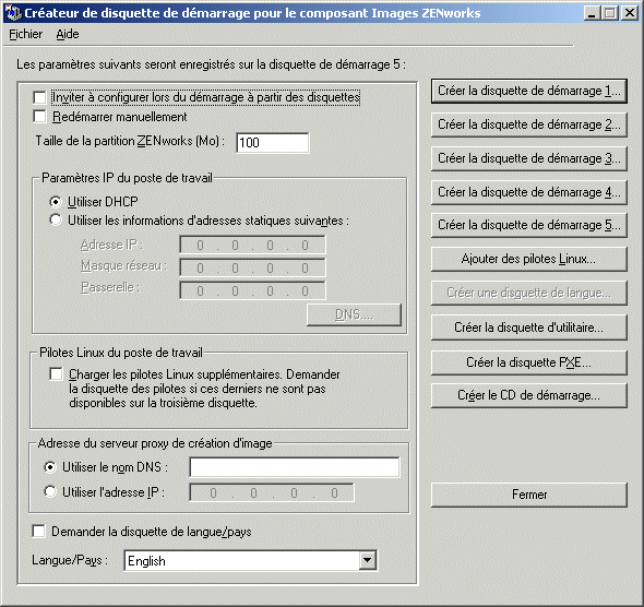 Bote de dialogue Crateur de disquette de dmarrage pour le composant Images ZENworks