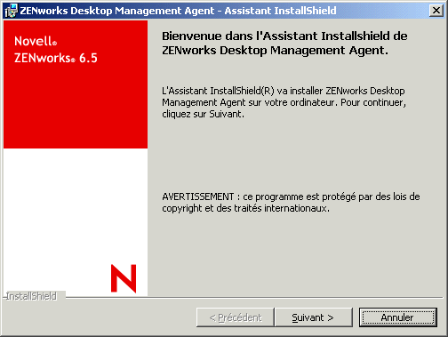 Page de prsentation de l'assistant d'installation de l'agent ZENworks Desktop Management