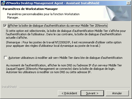 Page Paramtres de Workstation Manager de l'assistant d'installation de l'agent de gestion de bureau