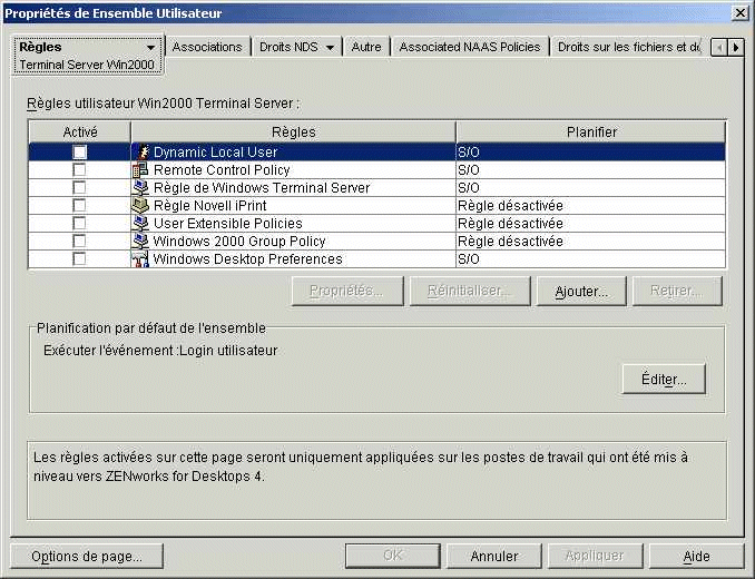 Page de rgles de Terminal Server Win2000 d'un objet Ensemble Utilisateur