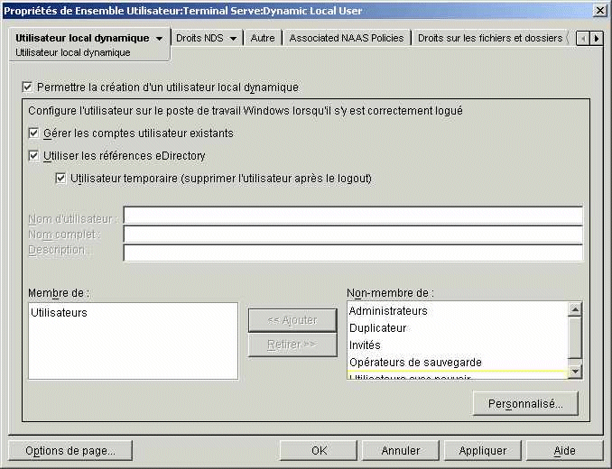 Page de proprits des utilisateurs locaux dynamiques