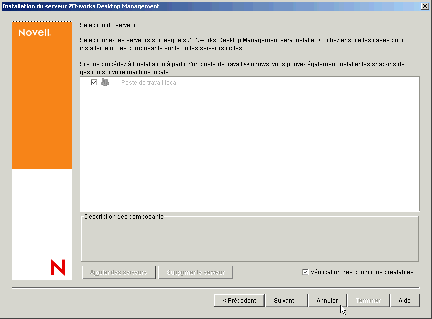 Page de slection des serveurs de l'assistant d'installation du serveur ZENworks Desktop Management