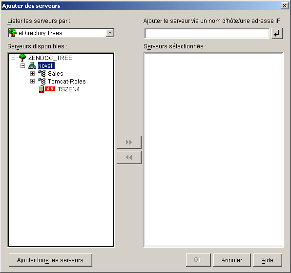 Bote de dialogue Ajouter des serveurs affichant une arborescence eDirectory et ses conteneurs