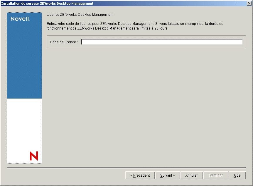 Page Licence ZENworks Desktop Management de l'assistant d'installation du serveur Desktop Management