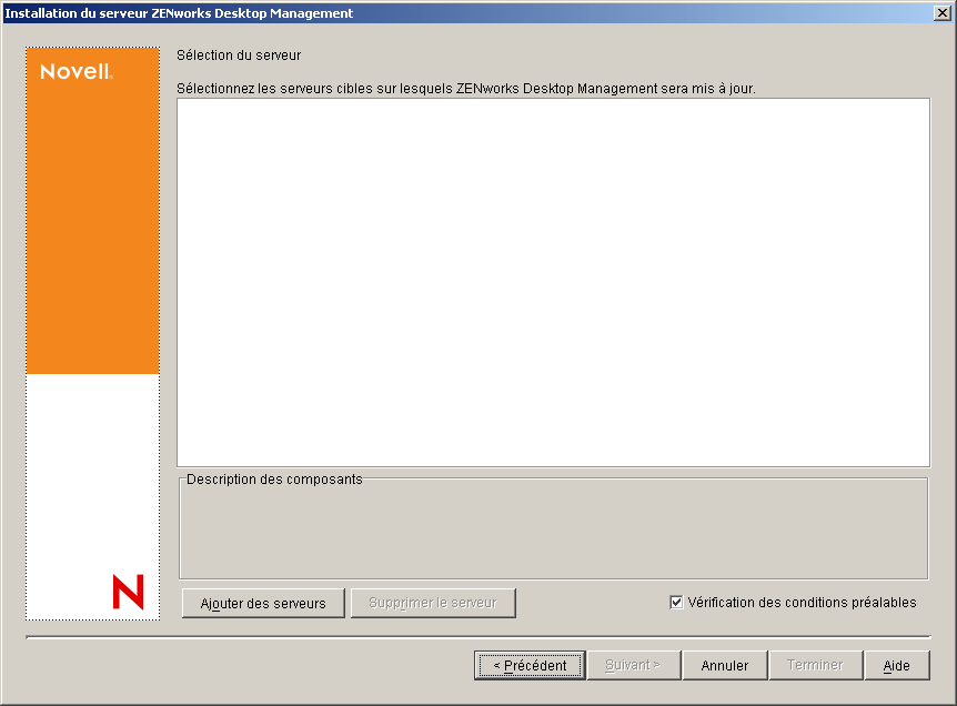 Page de slection des serveurs de l'assistant d'installation du serveur ZENworks Desktop Management