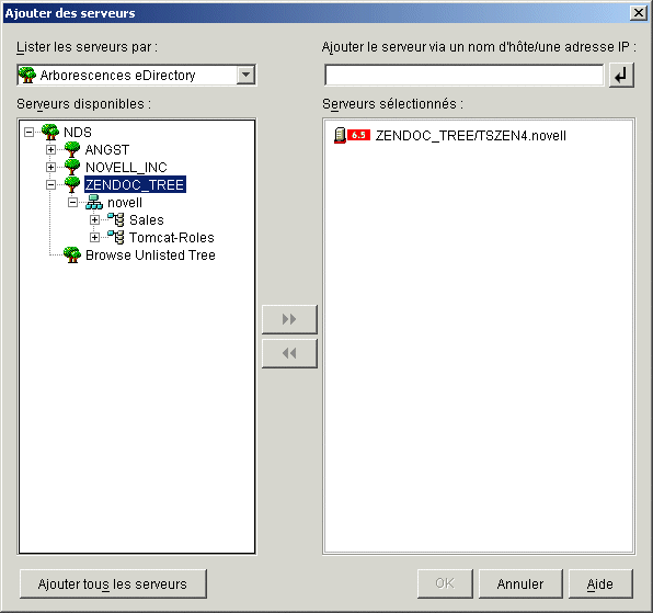 Bote de dialogue Ajouter des serveurs ouverte  partir de la page de slection des serveurs de l'assistant d'installation du serveur Middle Tier ZENworks. La liste droulante Lister les serveurs par de la bote de dialogue affiche l'option Arborescences eDirectory.