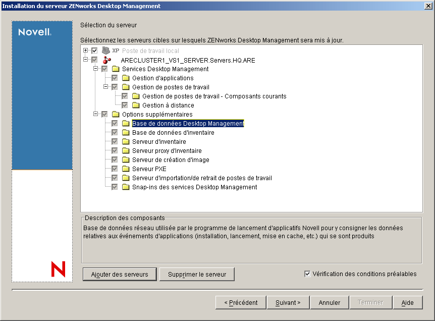 Page de slection des serveurs de l'assistant d'installation des services ZENworks Desktop Management. Les composants Desktop Management disponibles sont lists comme options d'installation.