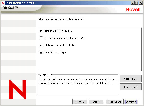 Page de sélection des composants de l'assistant d'installation de Novell DirXML qui présente les options Moteur et pilotes DirXML, Utilitaires de gestion DirXML et Agent Password Sync sélectionnées.