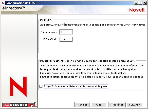 Page de configuration LDAP du programme d'installation de eDirectory